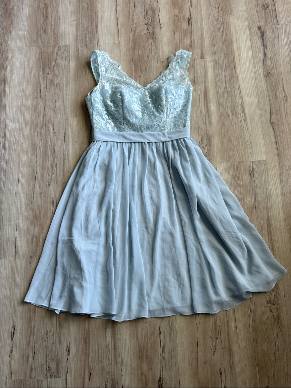 NWT Azazie Cierra Mist Blue Lace Chiffon Midi Bridesmaid Dress A8